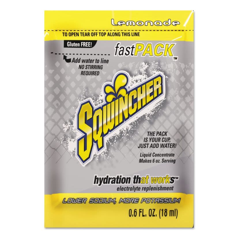 Sqwincher 015303-LA Fast Pack Sports Drink Mix, 0.6 oz Pack, 6 oz Yield, Liquid Form, Lemonade